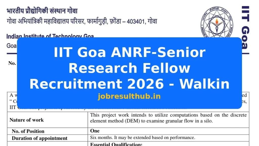 IIT Goa ANRF-Senior Research Fellow Recruitment 2026 - Walkin - 2026 Posts