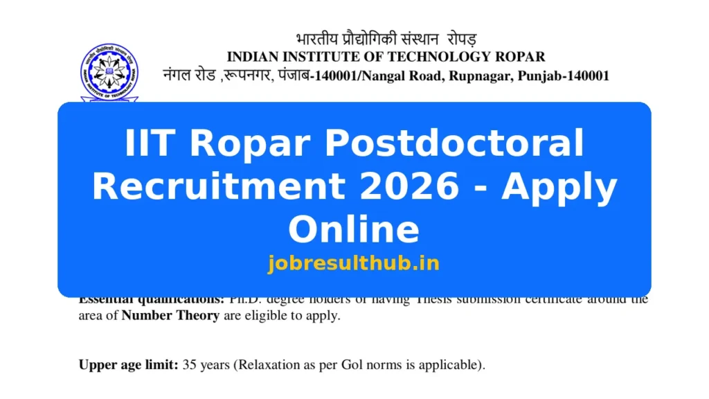 IIT Ropar Postdoctoral Recruitment 2026 - Apply Online - 2026 Posts