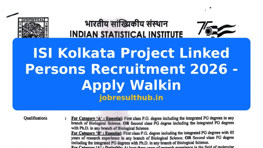 ISI Kolkata Project Linked Persons Recruitment 2026 - Apply Walkin - 437 Posts