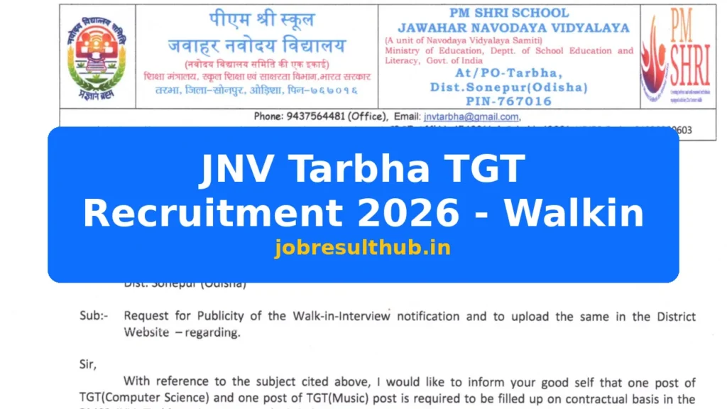 JNV Tarbha TGT Recruitment 2026 - Walkin - 2026 Posts