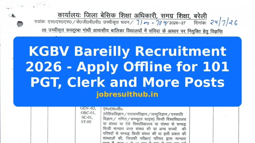 KGBV Bareilly Recruitment 2026 - Apply Offline for 101 PGT, Clerk and More Posts - 101 Posts