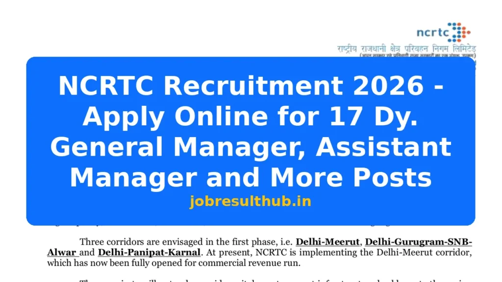 NCRTC Recruitment 2026 - Apply Online for 17 Dy. General Manager, Assistant Manager and More Posts - 17 Posts