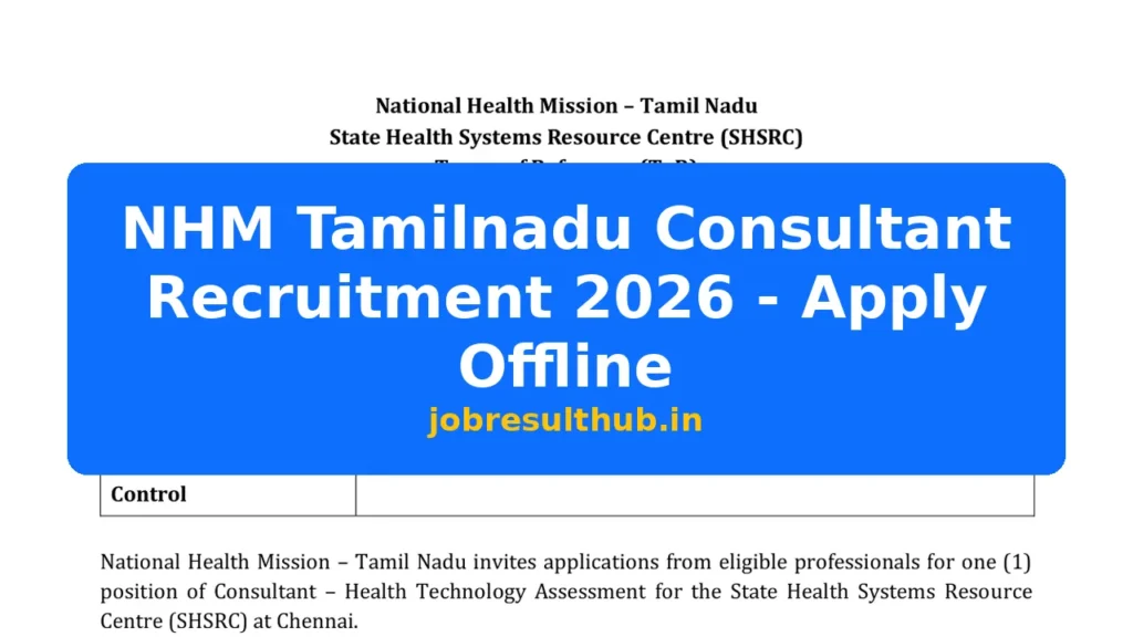 NHM Tamilnadu Consultant Recruitment 2026 - Apply Offline - 1 Posts
