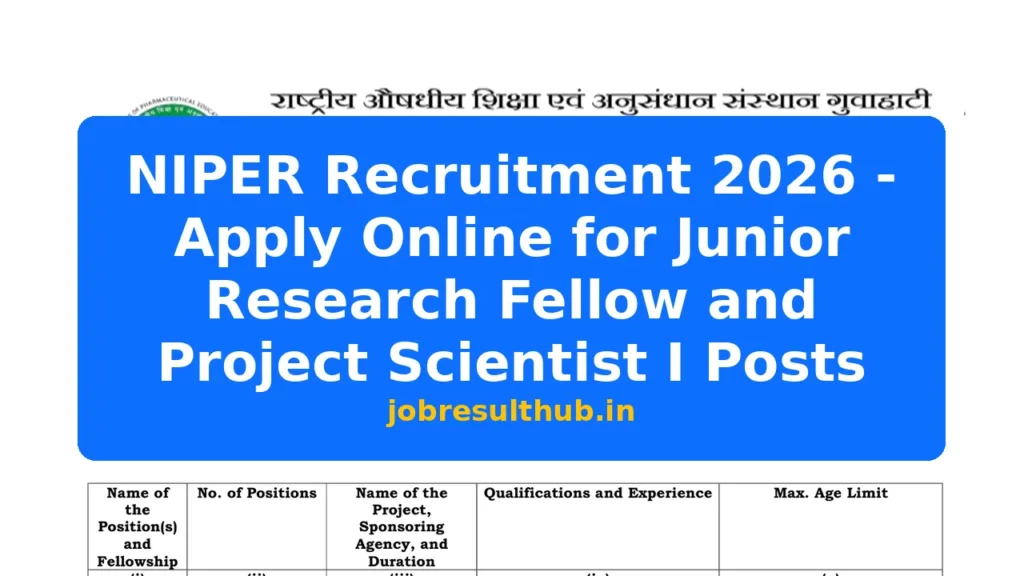 NIPER Recruitment 2026 - Apply Online for Junior Research Fellow and Project Scientist I Posts - 2026 Posts