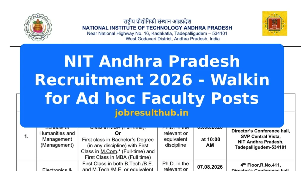 NIT Andhra Pradesh Recruitment 2026 - Walkin for Ad hoc Faculty Posts - 2026 Posts