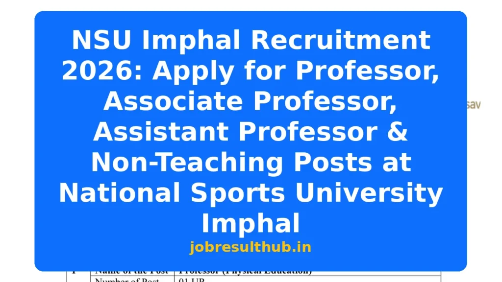 NSU Imphal Recruitment 2026: Apply for Professor, Associate Professor, Assistant Professor & Non-Teaching Posts at National Sports University Imphal - 3 Posts