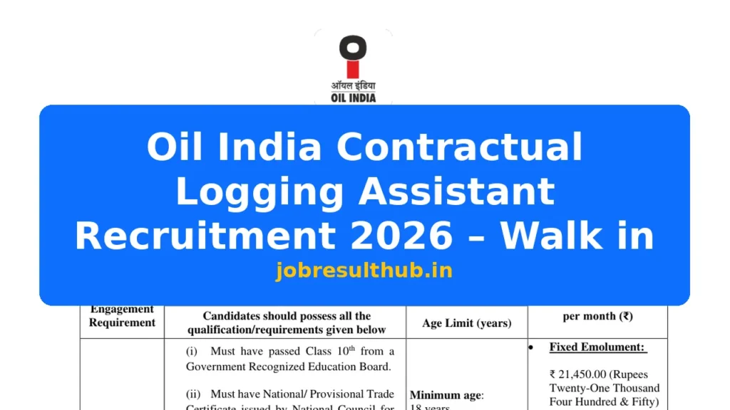 Oil India Contractual Logging Assistant Recruitment 2026 – Walk in - 2026 Posts