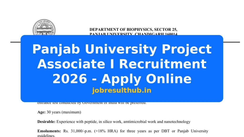 Panjab University Project Associate I Recruitment 2026 - Apply Online - 1 Posts