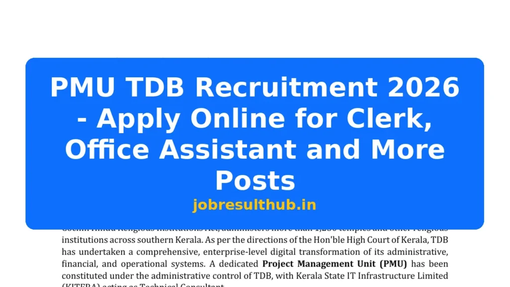 PMU TDB Recruitment 2026 - Apply Online for Clerk, Office Assistant and More Posts - 1 Posts