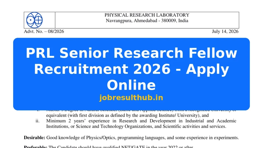 PRL Senior Research Fellow Recruitment 2026 - Apply Online - 2026 Posts