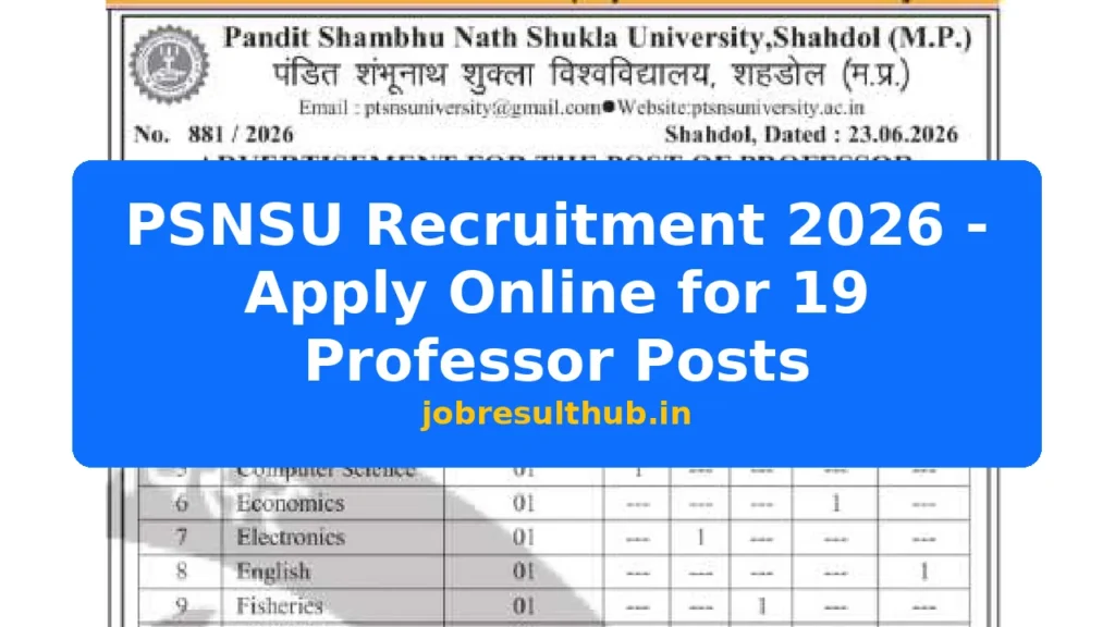 PSNSU Recruitment 2026 - Apply Online for 19 Professor Posts - 2026 Posts