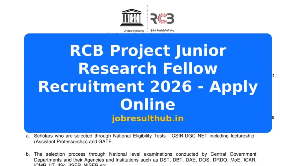 RCB Project Junior Research Fellow Recruitment 2026 - Apply Online - 2026 Posts