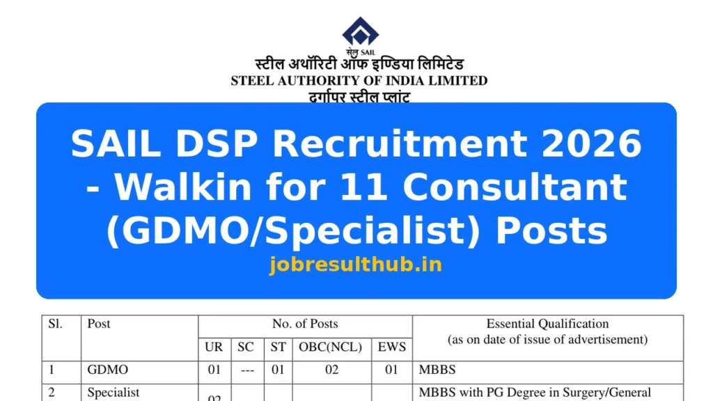 SAIL DSP Recruitment 2026 - Walkin for 11 Consultant (GDMO/Specialist) Posts - 2026 Posts