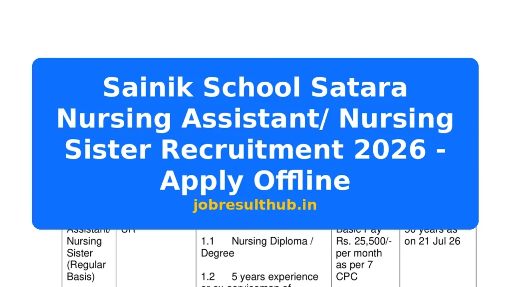 Sainik School Satara Nursing Assistant/ Nursing Sister Recruitment 2026 - Apply Offline - 2026 Posts