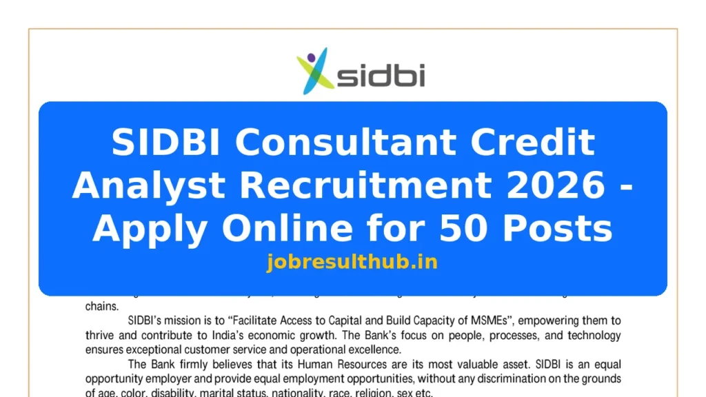 SIDBI Consultant Credit Analyst Recruitment 2026 - Apply Online for 50 Posts - 50 Posts