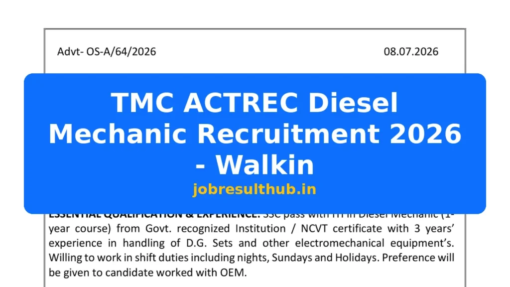 TMC ACTREC Diesel Mechanic Recruitment 2026 - Walkin - 2026 Posts