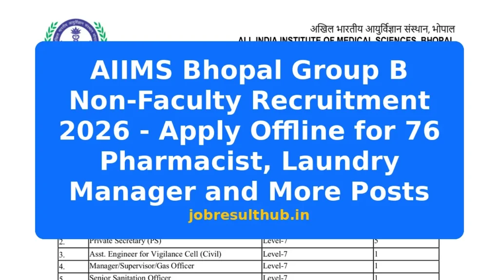 AIIMS Bhopal Group B Non-Faculty Recruitment 2026 - Apply Offline for 76 Pharmacist, Laundry Manager and More Posts - 2026 Posts