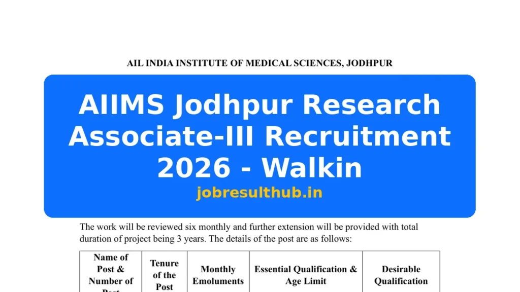 AIIMS Jodhpur Research Associate-III Recruitment 2026 - Walkin - 2026 Posts