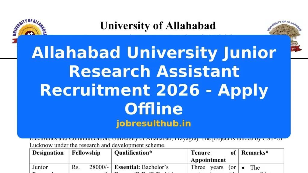 Allahabad University Junior Research Assistant Recruitment 2026 - Apply Offline - 2026 Posts