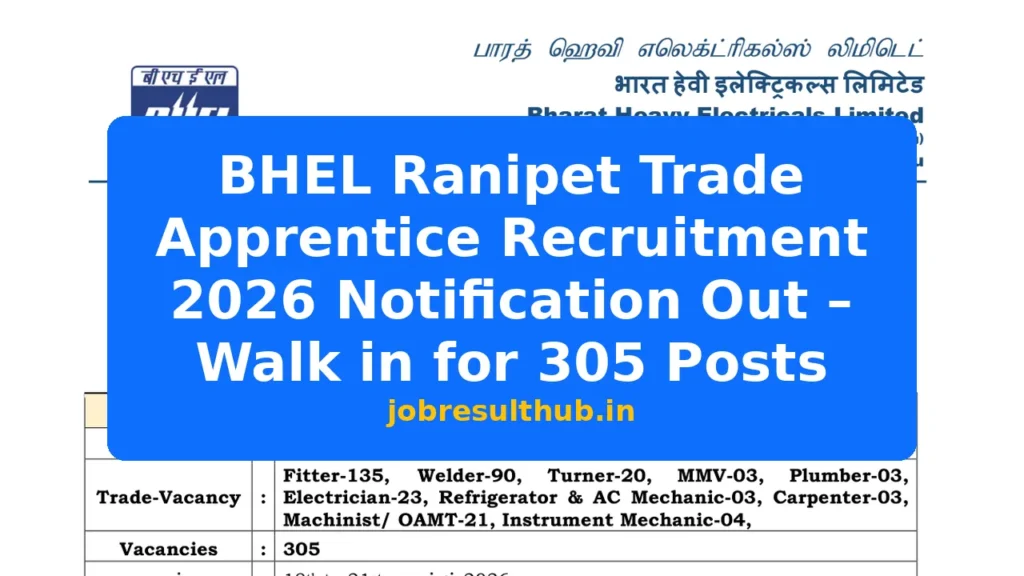BHEL Ranipet Trade Apprentice Recruitment 2026 Notification Out – Walk in for 305 Posts - 2026 Posts