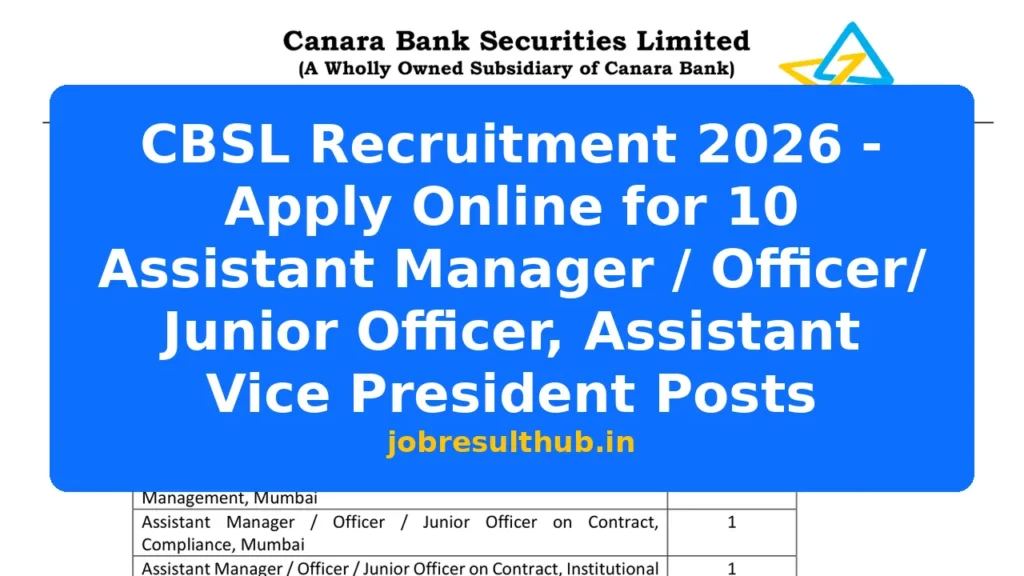 CBSL Recruitment 2026 - Apply Online for 10 Assistant Manager / Officer/ Junior Officer, Assistant Vice President Posts - 2026 Posts