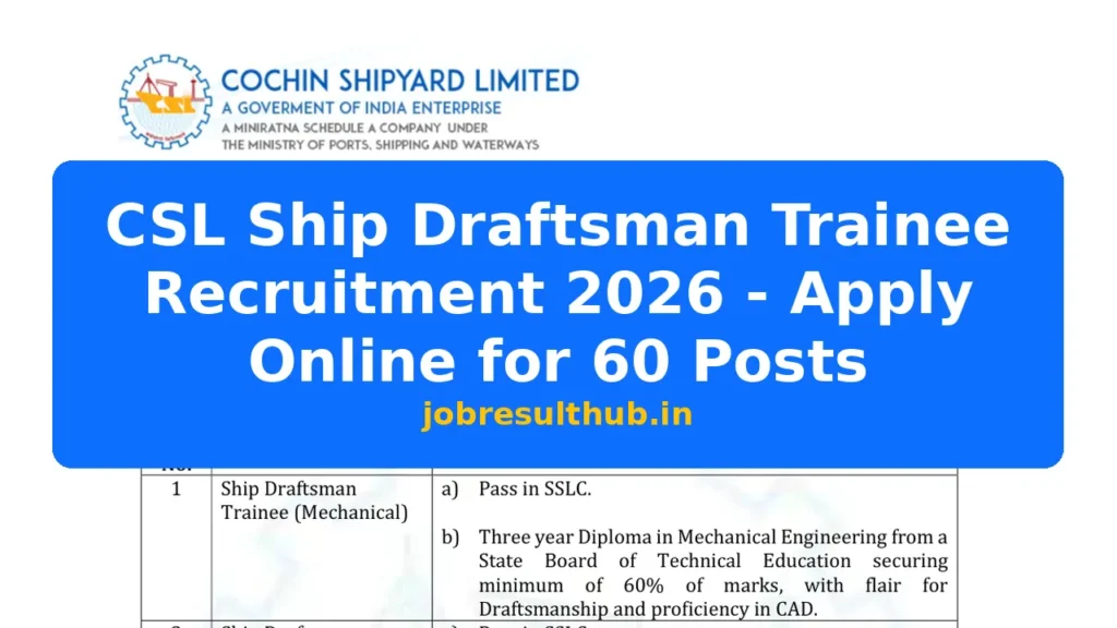 CSL Ship Draftsman Trainee Recruitment 2026 - Apply Online for 60 Posts - 2026 Posts