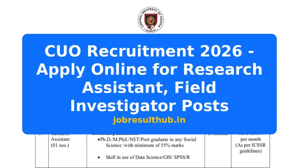 CUO Recruitment 2026 - Apply Online for Research Assistant, Field Investigator Posts - 2026 Posts