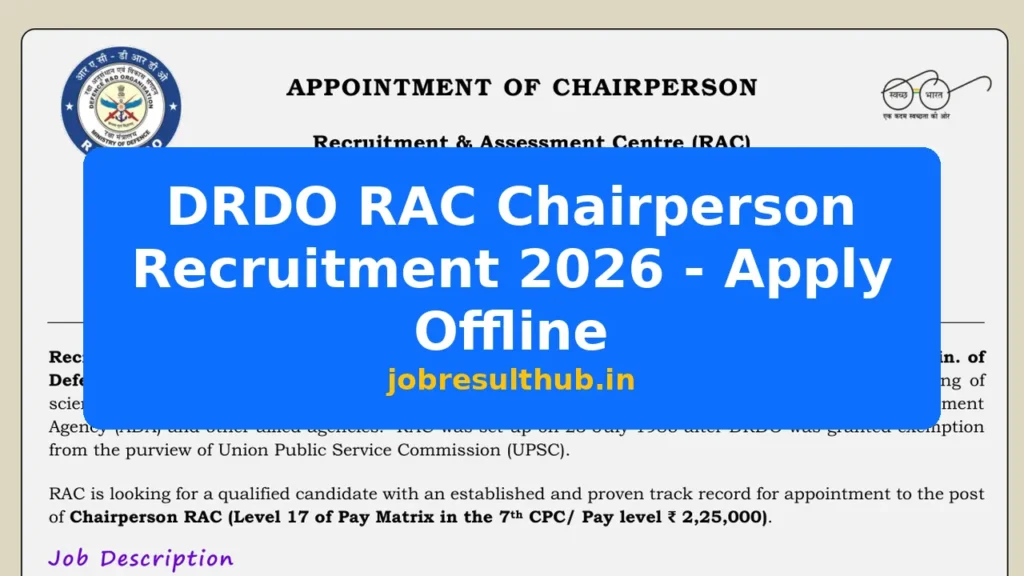 DRDO RAC Chairperson Recruitment 2026 - Apply Offline - 2026 Posts