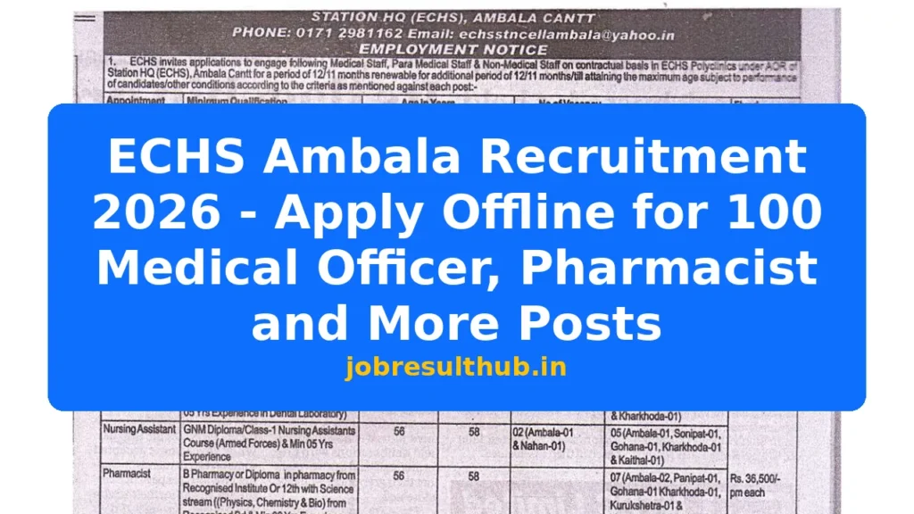 ECHS Ambala Recruitment 2026 - Apply Offline for 100 Medical Officer, Pharmacist and More Posts - 2026 Posts