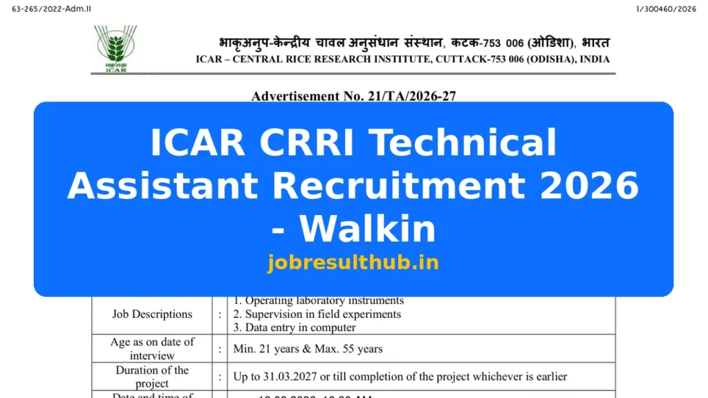ICAR CRRI Technical Assistant Recruitment 2026 - Walkin - 2026 Posts