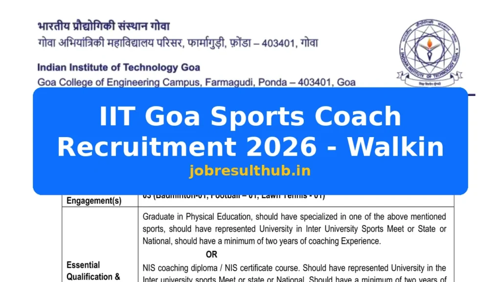 IIT Goa Sports Coach Recruitment 2026 - Walkin - 2026 Posts