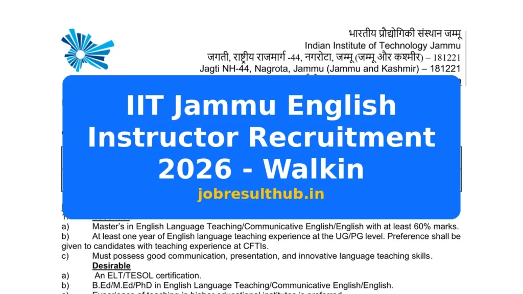 IIT Jammu English Instructor Recruitment 2026 - Walkin - 2026 Posts