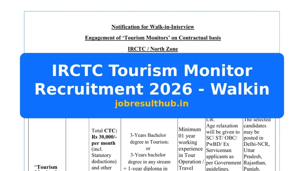 IRCTC Tourism Monitor Recruitment 2026 - Walkin - 2026 Posts