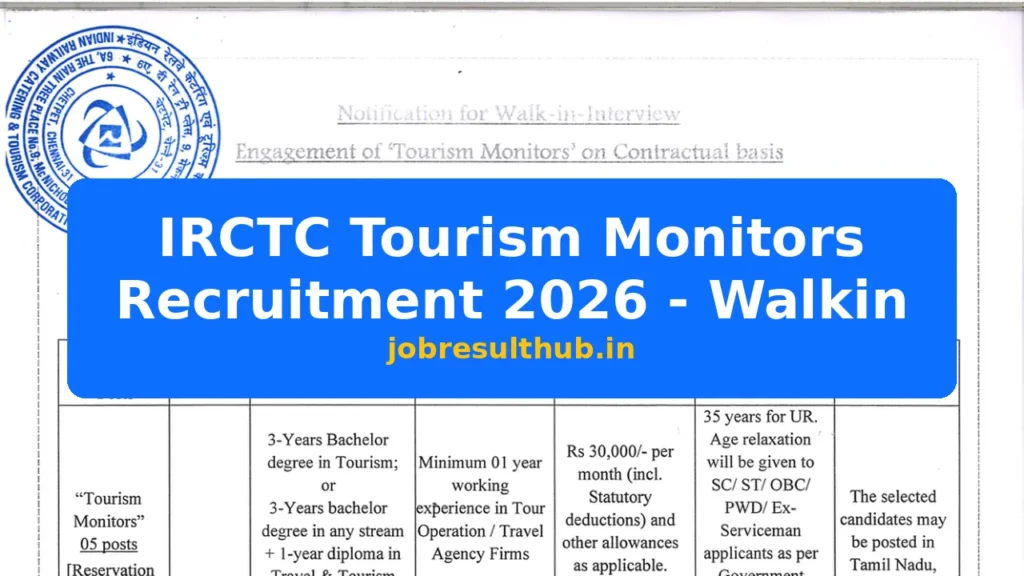 IRCTC Tourism Monitors Recruitment 2026 - Walkin - 2026 Posts