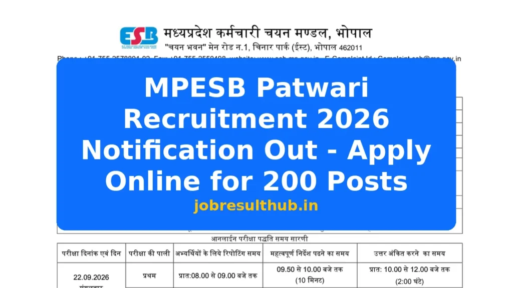 MPESB Patwari Recruitment 2026 Notification Out - Apply Online for 200 Posts - 2026 Posts