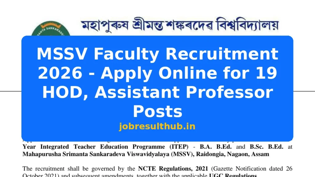 MSSV Faculty Recruitment 2026 - Apply Online for 19 HOD, Assistant Professor Posts - 2026 Posts