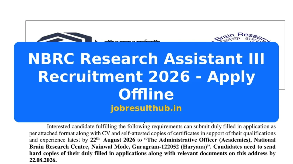 NBRC Research Assistant III Recruitment 2026 - Apply Offline - 2026 Posts