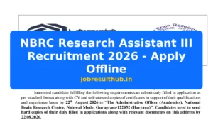 NBRC Research Assistant III Recruitment 2026 - Apply Offline - 2026 Posts