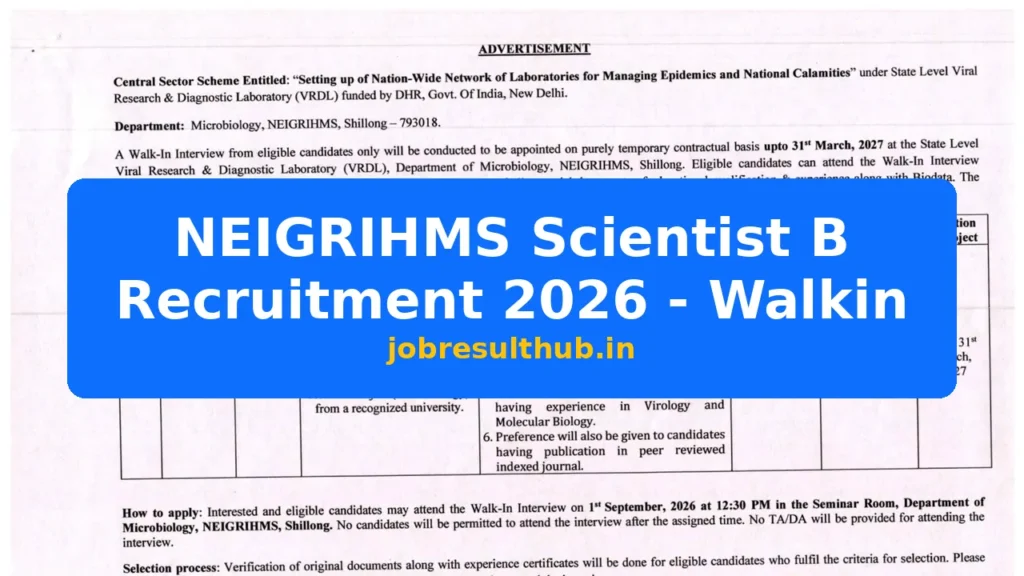 NEIGRIHMS Scientist B Recruitment 2026 - Walkin - 2026 Posts