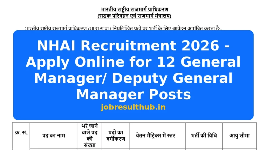 NHAI Recruitment 2026 - Apply Online for 12 General Manager/ Deputy General Manager Posts - 2026 Posts