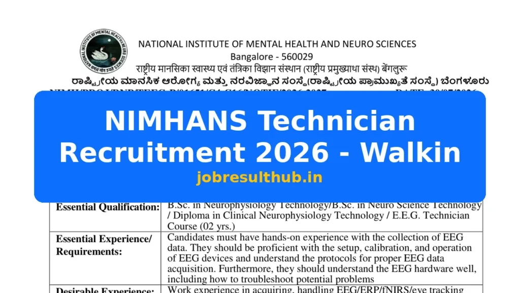 NIMHANS Technician Recruitment 2026 - Walkin - 2026 Posts