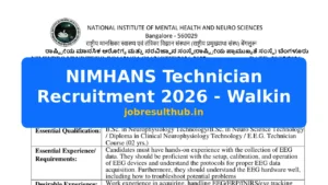 NIMHANS Technician Recruitment 2026 - Walkin - 2026 Posts