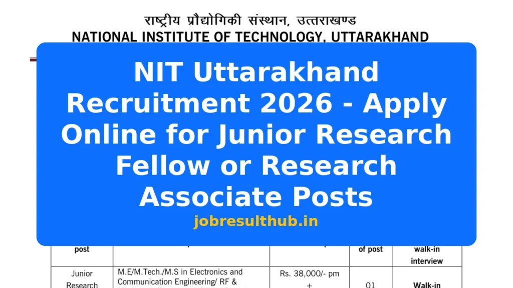 NIT Uttarakhand Recruitment 2026 - Apply Online for Junior Research Fellow or Research Associate Posts - 2026 Posts