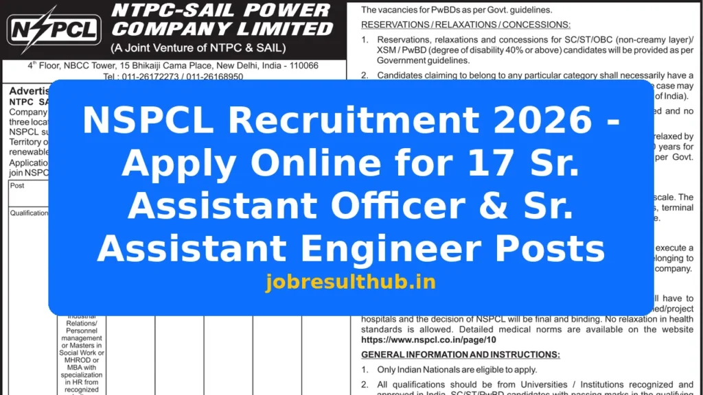 NSPCL Recruitment 2026 - Apply Online for 17 Sr. Assistant Officer & Sr. Assistant Engineer Posts - 17 Posts