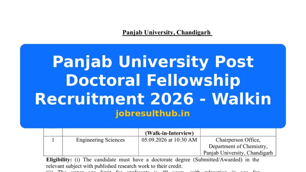 Panjab University Post Doctoral Fellowship Recruitment 2026 - Walkin - 2026 Posts