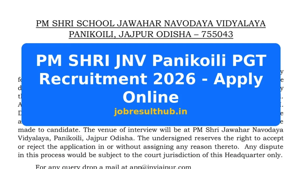 PM SHRI JNV Panikoili PGT Recruitment 2026 - Apply Online - 2026 Posts