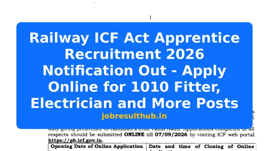 Railway ICF Act Apprentice Recruitment 2026 Notification Out - Apply Online for 1010 Fitter, Electrician and More Posts - 2026 Posts