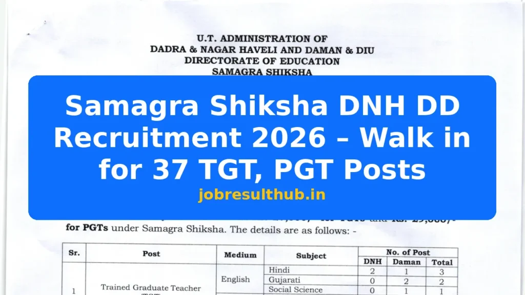 Samagra Shiksha DNH DD Recruitment 2026 – Walk in for 37 TGT, PGT Posts - 2026 Posts