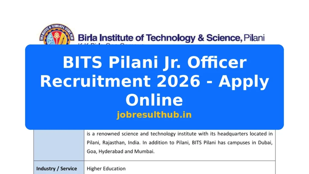 BITS Pilani Jr. Officer Recruitment 2026 - Apply Online - 2026 Posts