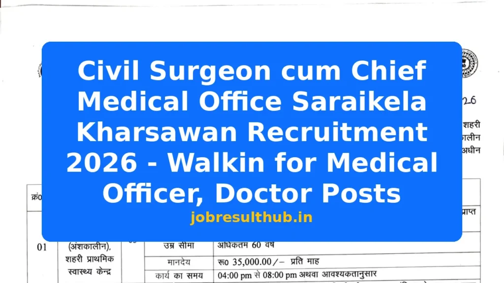 Civil Surgeon cum Chief Medical Office Saraikela Kharsawan Recruitment 2026 - Walkin for Medical Officer, Doctor Posts - 2026 Posts